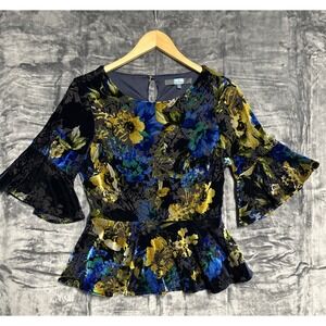 Eva Franco Women's Small Crushed Velvet Top Bell Sleeve Peplum Hem Artsy Coquett